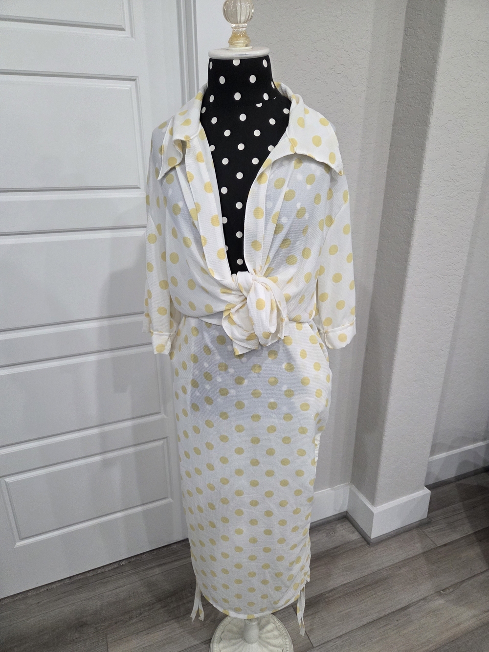 Women's Polka Dot Semi Sheer Skirt Set  with Tie-Front in Pale Yellow Size Large